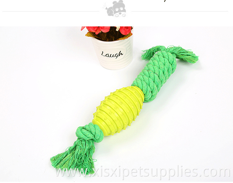 high quality candy color TPR rubber rugby ball with cotton knot rope bite resistance dog chew toy